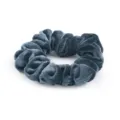 Dark grey velvet scrunchie detail view, soft plush hair accessory for elegant ponytail styling. - Blue Gray