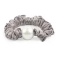 Grey satin hair scrunchie with a large white pearl detail, elegant elastic hair band for women. - Grey Purple
