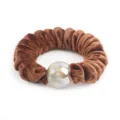Brown velvet hair scrunchie with sparkling glitter bead detail for women daily wear - Caramel Coffee