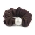 Brown wool scrunchie with large white pearl hair tie elegant fashion hair accessories for women - Dark Coffee