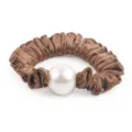 Brown satin hair scrunchie with large white pearl detail, elegant ponytail hair accessory. - Caramel color