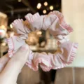 Pink satin ruffled scrunchie hair tie cute simple headband hair accessory for women girls - Pink