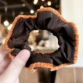 Brown velvet hair scrunchie with orange fuzzy trim, vintage winter ponytail hair accessory. - Brown