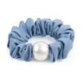 Elegant blue honeycomb scrunchie with large faux pearl charm, high elasticity ponytail holder - Light Blue