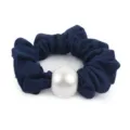 Dark blue honeycomb silk hair scrunchie with large white faux pearl detail elegant ponytail tie. - Navy Blue
