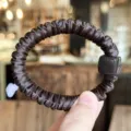 Korean style brown pleated hair scrunchie with square charm minimalist elastic hair tie - Dark Brown