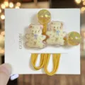 Cute floral bear hair ties with translucent yellow beads, sweet kids hair accessories. - Yellow