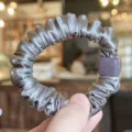 Korean style large satin hair scrunchie with cute square bead decoration, elastic hair tie. - Blue Gray