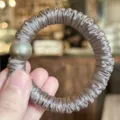 Satin hair scrunchie with pearl bead, high elastic fabric hair band for women detail - Grey Purple