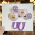 Cute cartoon teddy bear hair ties detail, adorable pink plaid heart design with purple beads for kids. - Purple