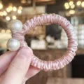 Pink satin hair scrunchie with dual pearls, elegant and sweet elastic hair tie for women. - Deep Pink