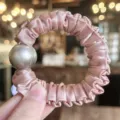 Pink satin hair scrunchie with large pearl accent, elegant high elasticity hair tie for women. - Deep Pink