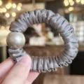 Grey satin hair scrunchie with large pearl detail, elegant sweet style hair tie for women. - Grey Purple