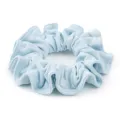 Light blue velvet scrunchie detail view, showing soft pleated texture and high elasticity. - Light Blue