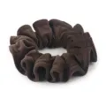 Dark brown velvet hair scrunchie with ruffled edges, perfect for daily ponytails. - Brown