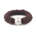Brown wool scrunchie detail with white pearl, elegant autumn winter hair accessory. - Dark Coffee