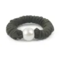 Elegant wool hair scrunchie with a large white pearl decoration, perfect for autumn and winter styling. - Dark Green