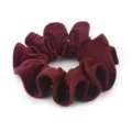Burgundy velvet hair scrunchie detail view, soft plush fabric with pleated edge design. - Burgundy