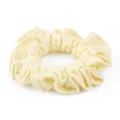 Yellow honeycomb ice silk scrunchie detail view, soft and stretchy fabric hair tie for daily use. - Beige