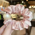 Pink satin hair scrunchie with a large pearl, elegant elastic hair band for daily styling. - L / Deep Pink