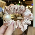 Satin hair scrunchie with large pearl detail, elegant pink elastic hair band for women ponytails. - L / Light Pink
