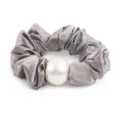 Grey satin hair scrunchie with a large white pearl detail, elegant fabric ponytail holder. - L / Grey Purple