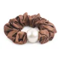 Brown satin hair scrunchie with large white faux pearl decoration, elegant ponytail hair tie. - L / Caramel color