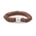 Brown satin hair scrunchie featuring a large white pearl for elegant womens hairstyles. - S / Caramel color