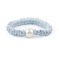 Light blue satin hair scrunchie featuring elegant pearl decor ponytail hair accessory. - S / Blue