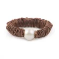 Brown satin pearl hair scrunchie elegant vintage ponytail holder chic elastic hair band for women - M / Caramel color
