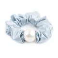 Light blue satin hair scrunchie with large white pearl elegant ponytail hair accessory for women - L / Blue