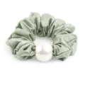 Green satin hair scrunchie with large white pearl decoration, elegant hair accessory. - L / Green