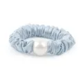 Light blue satin hair scrunchie with large pearl elegant elastic hair band for women accessories - M / Blue