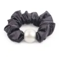Dark grey satin hair scrunchie with large white pearl elegant hair accessory for women. - L / Deep purple
