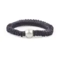 Dark grey satin hair scrunchie with a large white faux pearl elegant ponytail holder. - S / Deep purple