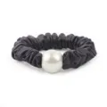 Black satin hair scrunchie with large white pearl elegant ponytail holder for women - M / Deep purple