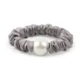 Grey satin hair scrunchie with a large faux pearl charm, elegant hair accessory for women. - M / Grey Purple