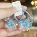 Cute glitter flower hair ties for kids, stretchy blue elastic bands with sparkling charms. - Blue