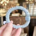 Light blue scrunchie with square bead, soft pleated hair tie and elastic hair accessory. - Blue
