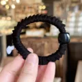Simple black pleated hair scrunchie with shiny square bead elegant elastic hair tie accessory. - Black