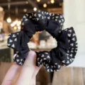 Black heart print hair scrunchie for women, elegant ruffled hair tie and ponytail holder accessory. - S / Black