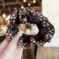 Brown heart print hair scrunchie detail view, stylish fabric hair tie for women and girls. - S / Brown