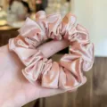 Gedetailleerde close-up van de elegante roze satijnen haarring met gladde stoftextuur. - S / Dieproze