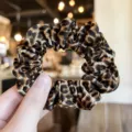 Leopard print hair scrunchie detail shot, elegant fabric hair band for women and girls daily styling. - M / Khaki Leopard Print
