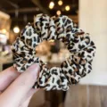 Leopard print hair scrunchie detail view, soft fabric elastic hair band accessory. - M / Beige Brown Leopard