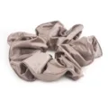 Detailed view of brown satin hair scrunchie, smooth silk texture for daily hairstyles. - L / Milk Tea