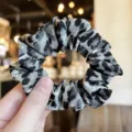 Black and grey leopard print hair scrunchie detail view, elegant fabric hair tie for women. - M / Grey and Black Leopard Print