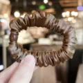 Brown satin hair scrunchie with bead elegant elastic hair tie for women ponytail holder - L / Caramel color