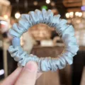 Light blue satin hair scrunchie with bead decoration, elastic ponytail holder accessory. - L / Blue