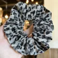 Grey and black leopard print hair scrunchie, soft fabric fluffy hair tie for women styling. - L / Grey and Black Leopard Print
